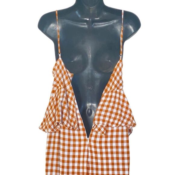 Saylor Laken Sparrow Brown White Gingham Peplum Tie Front Jumpsuit Sz M - Picture 10 of 16